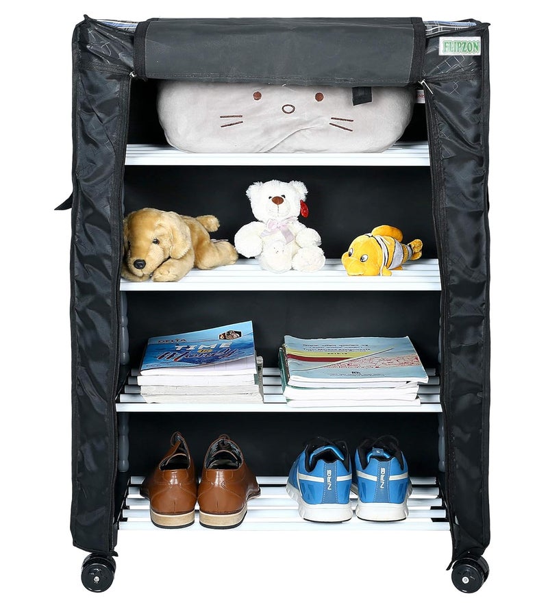 FLIPZON Multipurpose 4 Shelves/Layer Shoe Rack Organizer With Wheels&Dustproof Cover|Portable Smart Storage Rack Organizer With Zip Cover Easy To Move (Metal & Plastic,Multicolour),60 X 30 X85 cm - Image 1