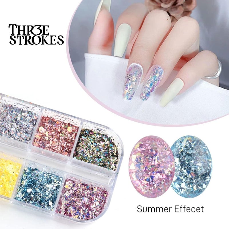 THR3E STROKES 2 Colors Glitter Nail Art Sequins Holographic Irregular Iridescent Shiny Nail Flakes Decorations 3D UltraThin Powder Nail Art Design for Women Manicure Sparkly Acrylic Supplies Resin Nail Art Tips D36 - Image 2