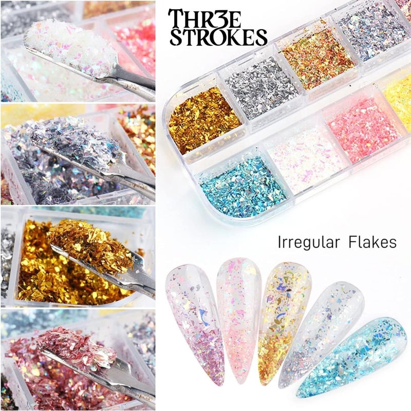 THR3E STROKES 2 Colors Glitter Nail Art Sequins Holographic Irregular Iridescent Shiny Nail Flakes Decorations 3D UltraThin Powder Nail Art Design for Women Manicure Sparkly Acrylic Supplies Resin Nail Art Tips D36 - Image 3