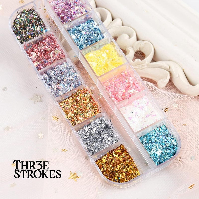 THR3E STROKES 2 Colors Glitter Nail Art Sequins Holographic Irregular Iridescent Shiny Nail Flakes Decorations 3D UltraThin Powder Nail Art Design for Women Manicure Sparkly Acrylic Supplies Resin Nail Art Tips D36 - Image 5
