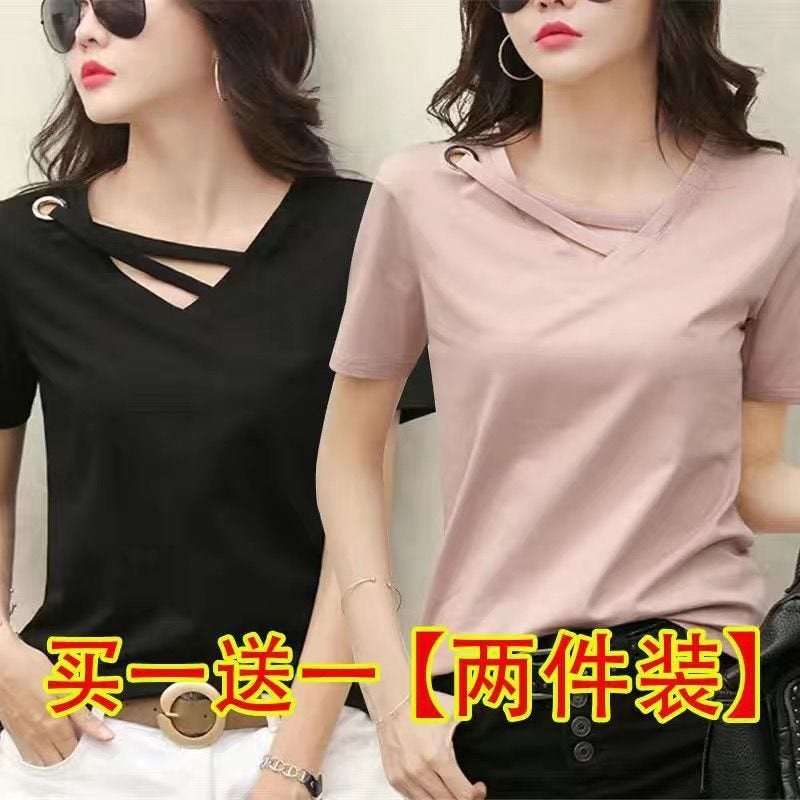 Contains Cotton Single/Two-Piece 2022 New Summer Korean Style V Neck Short-Sleeved T-Shirt for Female Students Loose Large Size Tops Black+pink