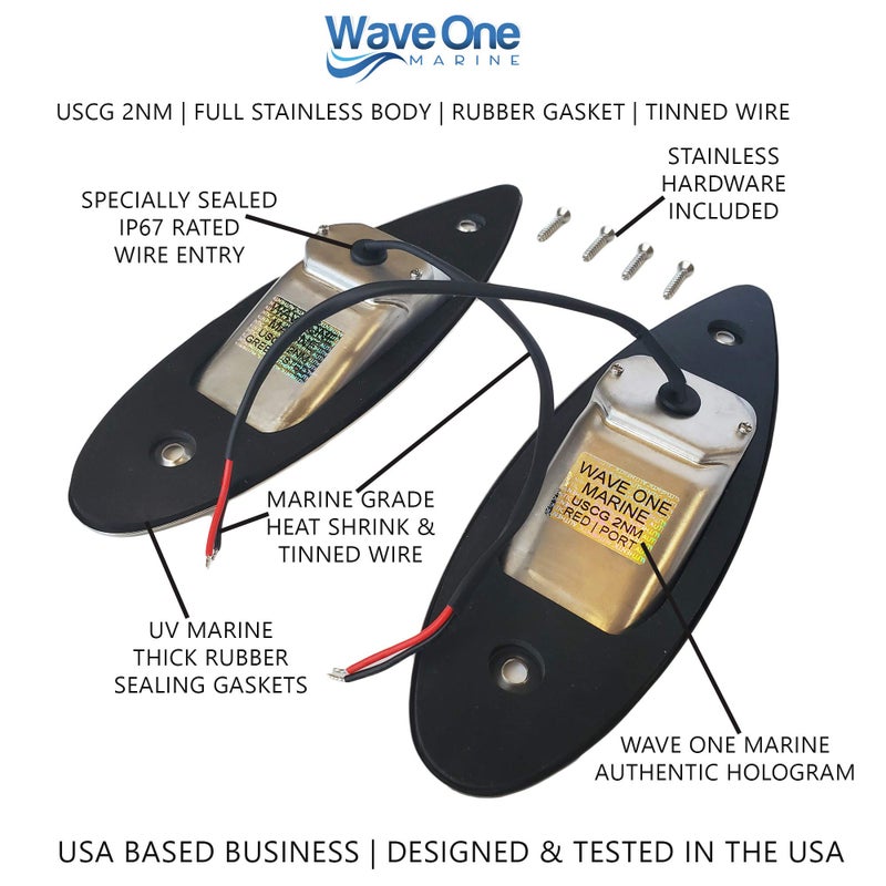 Wave One Marine Flush Mount LED Shark Eye Boat Navigation Teardrop Lights | Red And Green Stainless USCG 2NM | Waterproof 12V - Image 2