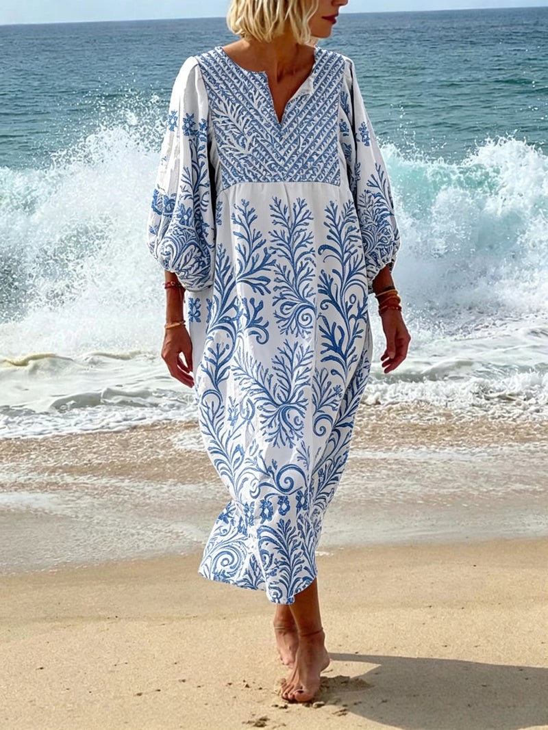 Vacation Dress, Beach Sun Protection Long Dress, European and American Style Round Neck Women's Loose-Fitting Clothing