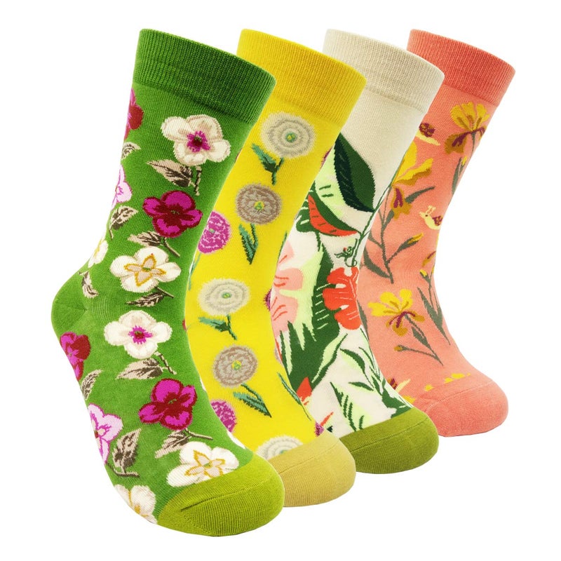 HSELL Womens Colorful Dress Crew Socks Flower Funky Patterned Casual Cotton Socks(Flowers - 4 Pairs) - Image 1