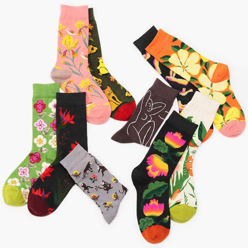 HSELL Womens Colorful Dress Crew Socks Flower Funky Patterned Casual Cotton Socks(Flowers - 4 Pairs) - Image 4