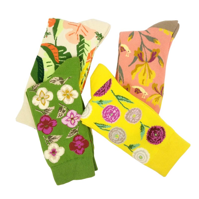 HSELL Womens Colorful Dress Crew Socks Flower Funky Patterned Casual Cotton Socks(Flowers - 4 Pairs) - Image 3