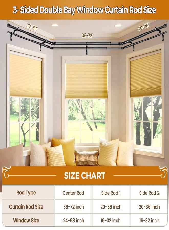 HOTOZON 1 Inch Heavy Duty Double Bay Window Curtain Rod, 36-72 Inch Telescoping Center Rod, 20-36 Inch Adjustable Side Rod Set, Black, End Cap Finials - Image 4