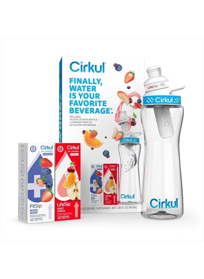 Cirkul 22oz. BPA-Free Plastic Water Bottle Starter Kit with Blue Lid, 2 Flavor Cartridges (1 LifeSip Fruit Punch, 1 FitSip Mixed Berry) Zero Calories and No Sugar  - Image 1