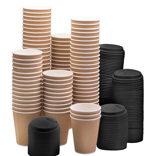 SHOP  SHOPPEE SHOP & SHOPPEE Disposable Ripple Paper Cups with lids,EcoFriendly, Hygienic for Hot & Cold Drink in Party, Social Gathering, Weddings| Hot Beverage Glass Cup(250ml,Brown Cup,Black Lid)(50 Pcs Each) - Image 1