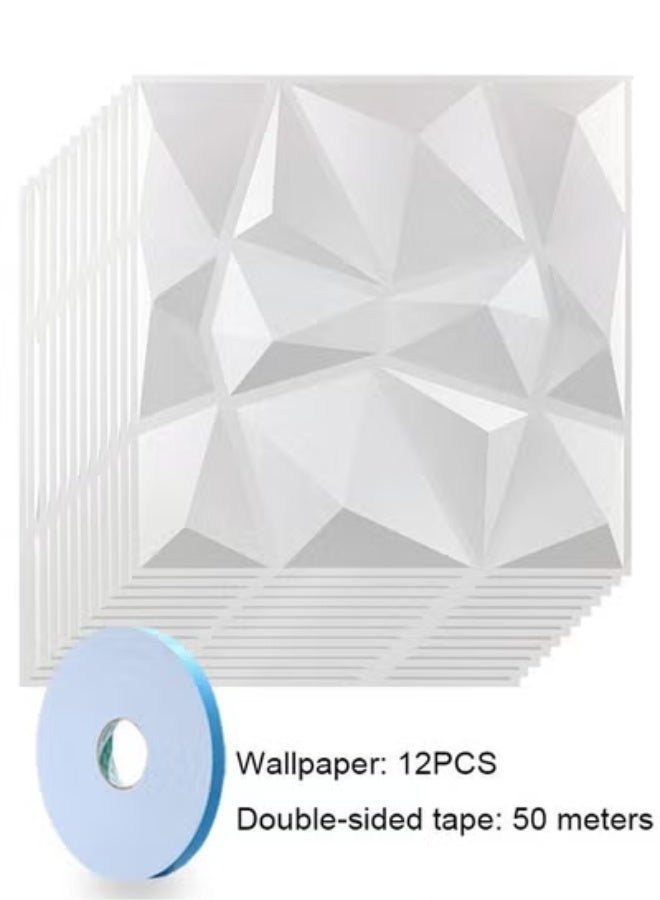 fantasize 12 PCS 3D Wall Panels 3D Texture PVC Wallpaper with 30M Double sided tape Diamond Design Decorative Wall Cover Each For Living Room Lobby Bedroom Office Each 30x30cm White - Image 1