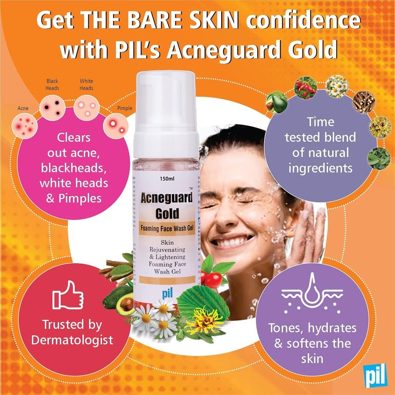 Pil Acneguard Gold Foaming Face Wash Gel 150 ML Deep Cleansing Face Wash with Salicylic Acid Avocado oil  Sage Extract  Clears Clogged Pores Acne Pimples Black and whiteheads with Goodness of Natural Ingredients Trusted By Dermatologist - Image 3