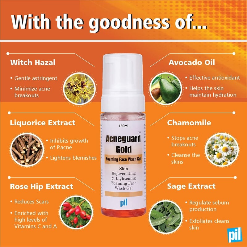 Pil Acneguard Gold Foaming Face Wash Gel 150 ML Deep Cleansing Face Wash with Salicylic Acid Avocado oil  Sage Extract  Clears Clogged Pores Acne Pimples Black and whiteheads with Goodness of Natural Ingredients Trusted By Dermatologist - Image 4