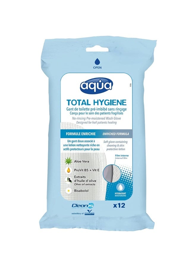 Cleanis No Rinse Aqua Wash Gloves Medical Grade Pre Moistened Wash Glove No Water Soap Rinsing Or Drying Necessary For All Types Of Skin Pouch Of 12 Gloves  - Image 1