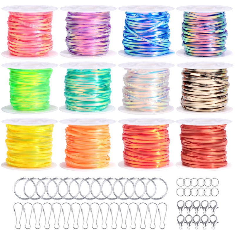 PP OPOUNT Laser Reflective Lanyard String 12 Rolls Plastic Lacing Cord with 20 Key Chain Rings 20 Snap Clips and 10 Lobster Clips Gimp String Kit for DIY Bracelets Key Chain and Lanyards