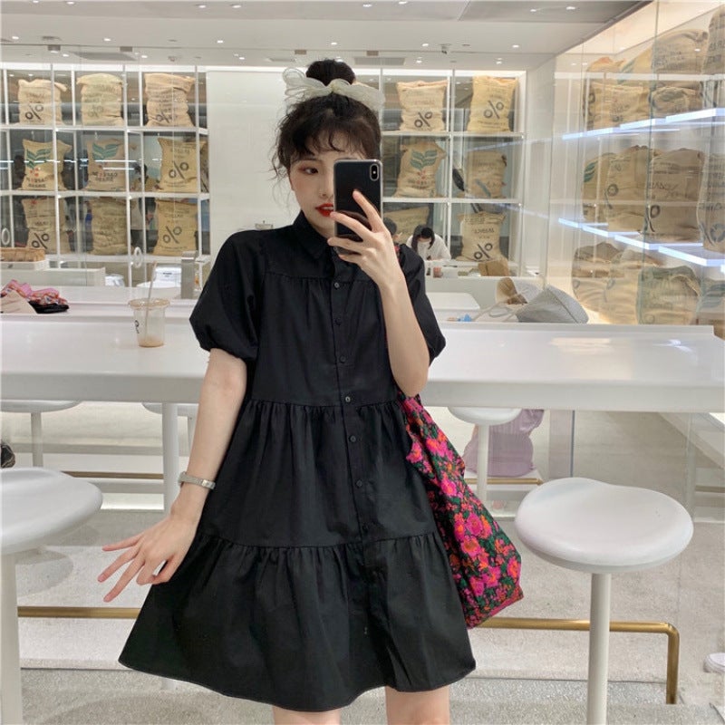 [1460 People Praise] 2021 New French Niche Baby Doll Skirt Loose Polo Collar Short-Sleeved Shirt Light Mature Style Black 020 #
