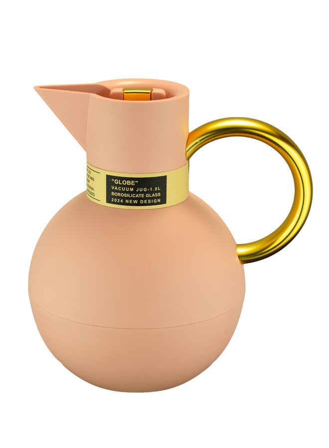 GAZELLA Tea/Coffee Flask 1 Liter Pink With Golden Handle, Borosilicate Glass Inside, Double Wall Vacuum