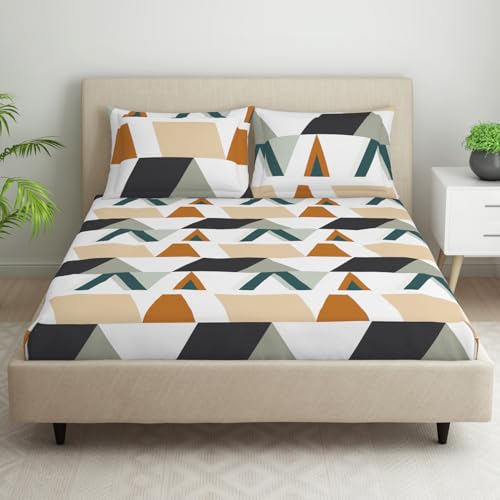 Welspun Microfiber Bedsheet for Double Bed with 2 Pillow Cover | Skin Safe & Super Soft Queen Size Bed Sheet | (87 X 94 Inch) - Geometric Brown | Dazzel - Image 1