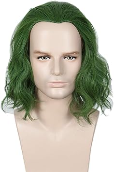 Linfairy باروكة لينفايري قصيرة خضراء لمهرج هالوين تنكرية باروكة مجعدة للرجال - Image 4