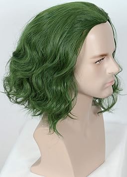 Linfairy باروكة لينفايري قصيرة خضراء لمهرج هالوين تنكرية باروكة مجعدة للرجال - Image 3