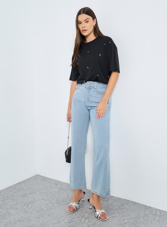 Styli Black Embellished Round Neck T-Shirt - Image 2