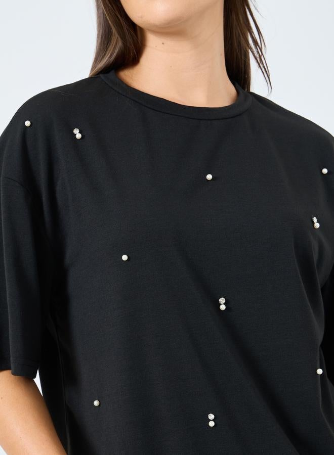 Styli Black Embellished Round Neck T-Shirt - Image 3