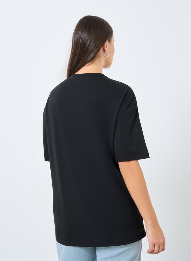 Styli Black Embellished Round Neck T-Shirt - Image 4