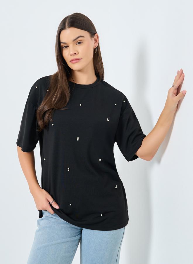 Styli Black Embellished Round Neck T-Shirt - Image 1