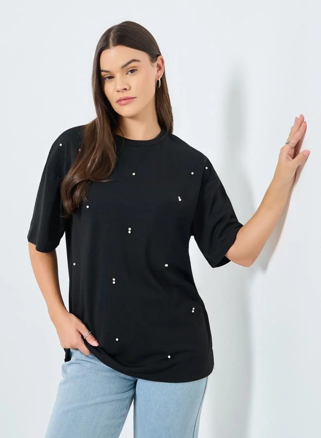 Styli Black Embellished Round Neck T-Shirt