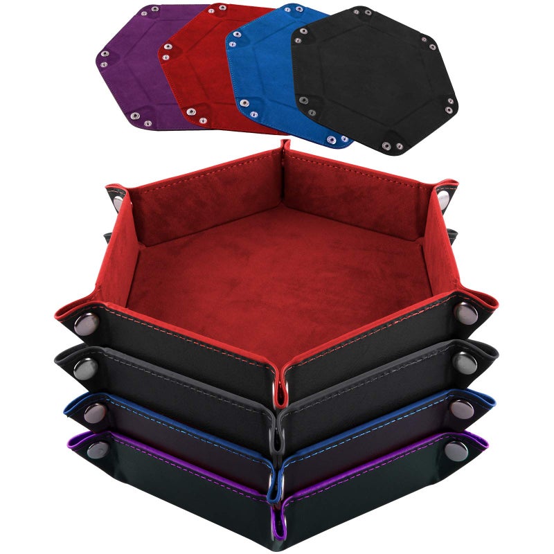 SIQUK 4 Pieces Dice Tray Set Foldable Dice Trays Hexagon Dice Rolling Tray PU Leather Dice Holder for Dice Games Like RPG DND and Other Table Games Red Black Blue and Violet