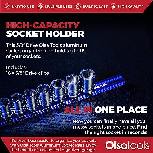 Olsa Tools Socket Organizer - 3/8-Inch Drive Blue Holder - Stores 18 Chrome or Impact Sockets - Professional Grade Metric or SAE Socket Organizer - Professional-Grade - Part 1014 - Image 2