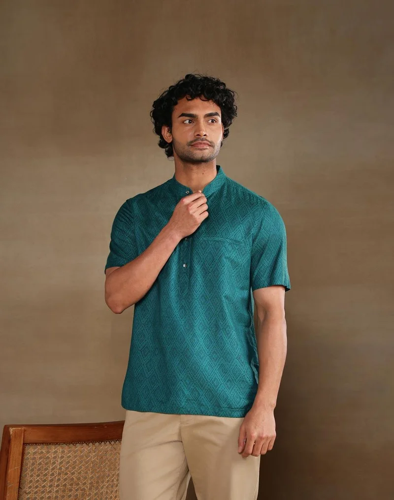 Fabindia Teal Viscose Silk Hand Block Printed Slim Fit Mid Placket Shirt