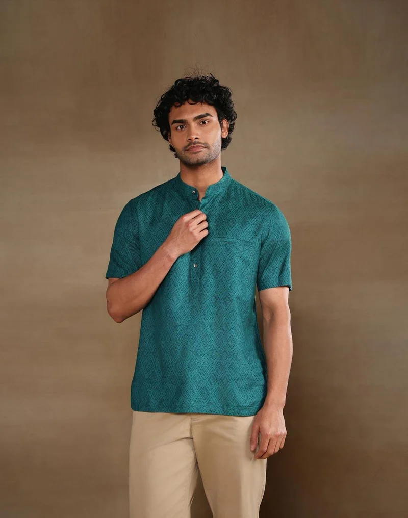 Fabindia Teal Viscose Silk Hand Block Printed Slim Fit Mid Placket Shirt