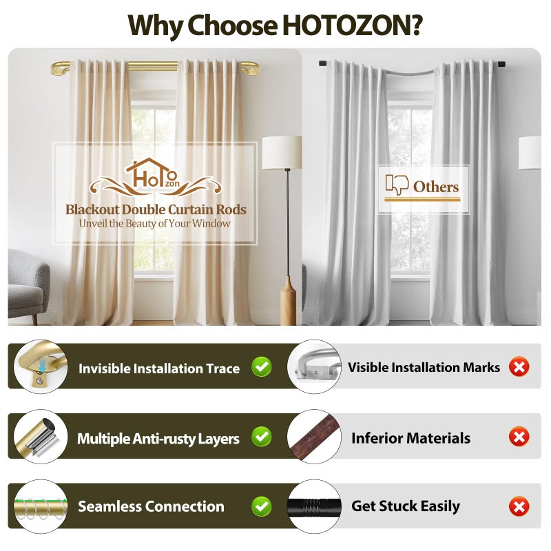 HOTOZON Double Curtain Rods 32 to 115 Inches, HOTOZON Blackout Double Curtain Rods for Windows 83 to 111 Inches (6.9-9.25 ft), 6/8 Inches Wrap Around Room Darkening Telescoping Drapery Rod, Gold - Image 5