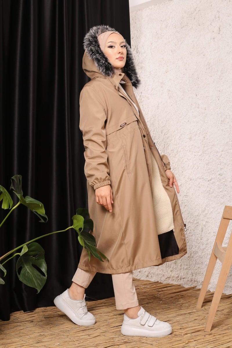 Vibeys Collection Beige Fur Lined and Waterproof Plus Size Oversized Women's Winter Coat & Jacket - Image 1
