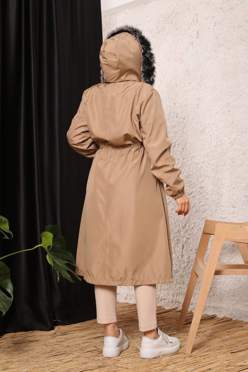 Vibeys Collection Beige Fur Lined and Waterproof Plus Size Oversized Women's Winter Coat & Jacket - Image 3