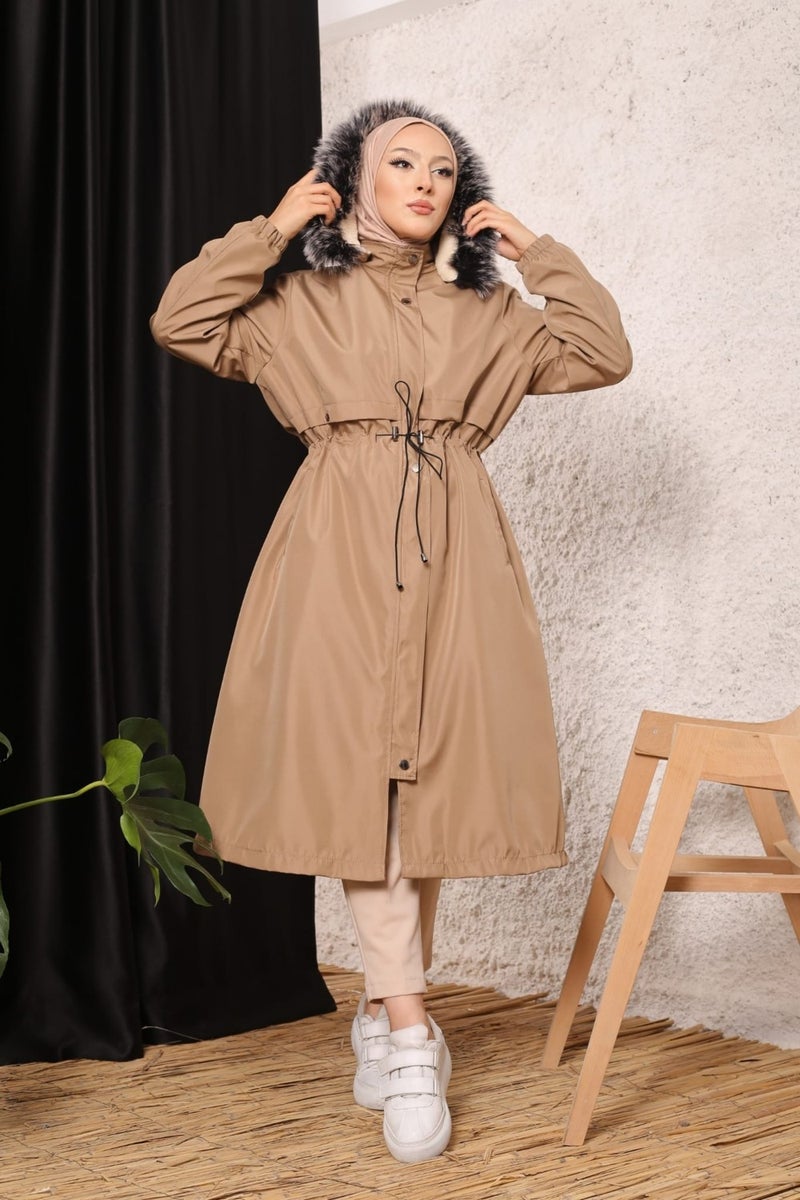 Vibeys Collection Beige Fur Lined and Waterproof Plus Size Oversized Women's Winter Coat & Jacket - Image 2