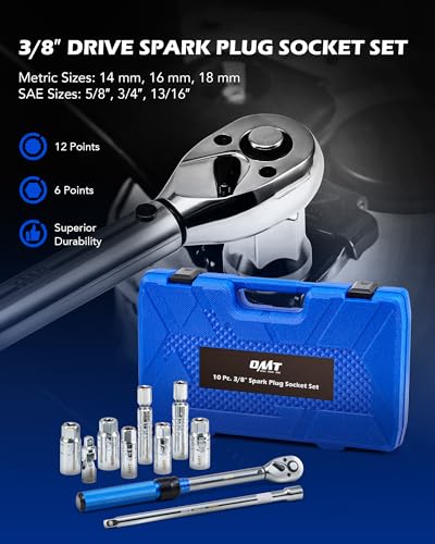Orion Motor Tech مجموعة مفاتيح شمعات الإشعال من أوريون موتور تك 10 قطع بحجم 3/8 بوصة مع مفتاح عزم دوران بنقرة 72 سن، مفاتيح دوارة مغناطيسية، وصلة عالمية وبار تمديد، مفاتيح شمعات الإشعال مغناطيسية من فولاذ Cr-V - Image 2