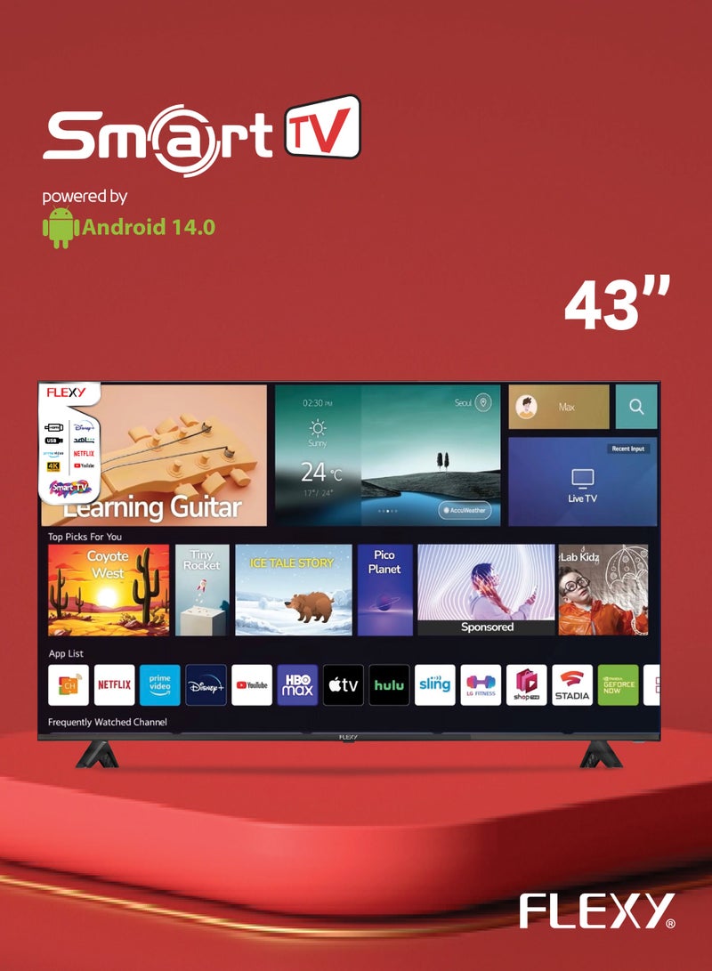 FLEXY 43" Smart Android TV 4K UHD, Wide View, HDMI/USB, Powerful Audio, Slim Bezel, Built-in Apps, Free Wall Mount, 2-Year Warranty - Image 2