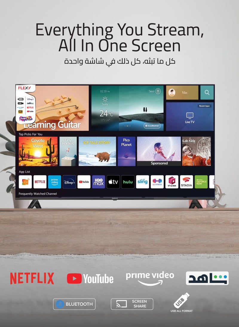 FLEXY 43" Smart Android TV 4K UHD, Wide View, HDMI/USB, Powerful Audio, Slim Bezel, Built-in Apps, Free Wall Mount, 2-Year Warranty - Image 4
