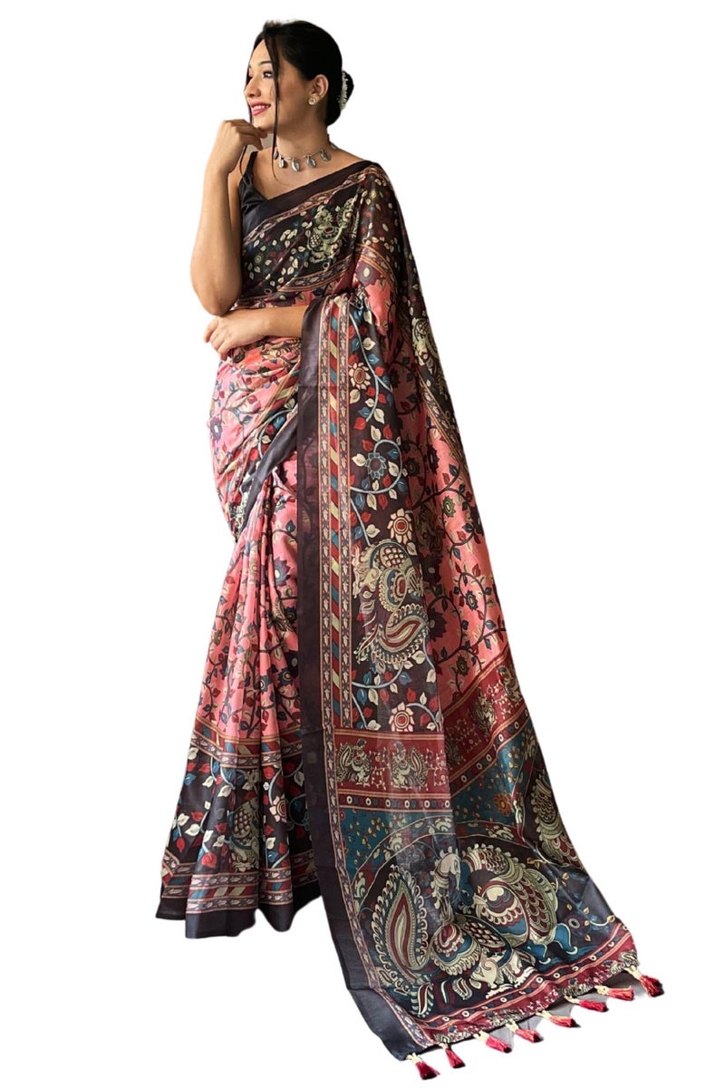 SGF11 Women's Cotton Linen Kalamkari Silk Printed Saree With Blouse Piece (Pink) - Image 1