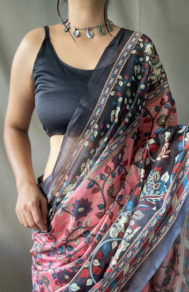 SGF11 Women's Cotton Linen Kalamkari Silk Printed Saree With Blouse Piece (Pink) - Image 4