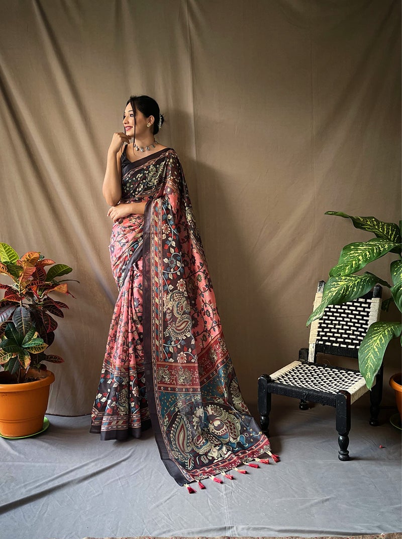 SGF11 Women's Cotton Linen Kalamkari Silk Printed Saree With Blouse Piece (Pink) - Image 2