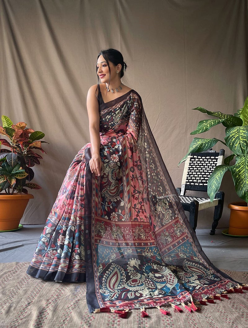 SGF11 Women's Cotton Linen Kalamkari Silk Printed Saree With Blouse Piece (Pink) - Image 3