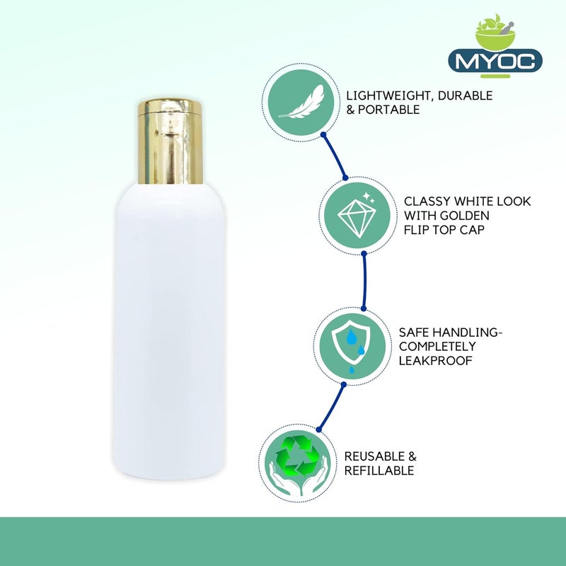 MYOC 100ml White Cosmetic Grade HDPE Bottles Pack of 6 Refillable Reusable with Golden Fliptop Caps for Shampoo Massage Hair Oil Multipurpose Use - Image 3