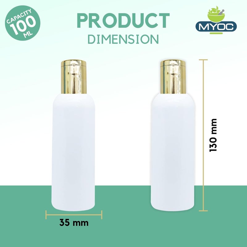 MYOC 100ml White Cosmetic Grade HDPE Bottles Pack of 6 Refillable Reusable with Golden Fliptop Caps for Shampoo Massage Hair Oil Multipurpose Use - Image 2