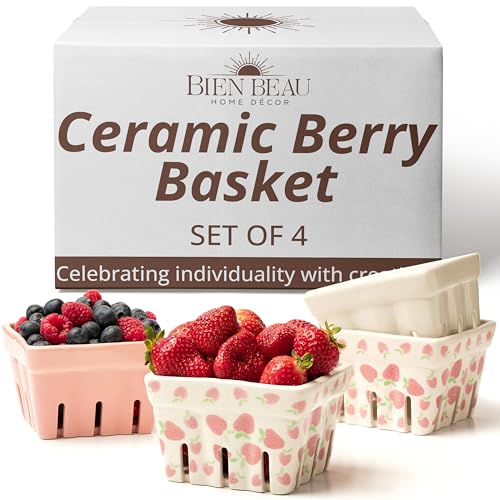 BIEN BEAU Ceramic Berry Basket, Farmhouse Colander, Strawberry Decor, Fruit Bowls, Fruit Baskets, Kawaii Strawberry Kitchen bowl, Pink White and Cute Strawberry pattern Stoneware Harvest Square Bowls Set of 4 - Image 1