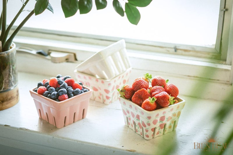 BIEN BEAU Ceramic Berry Basket, Farmhouse Colander, Strawberry Decor, Fruit Bowls, Fruit Baskets, Kawaii Strawberry Kitchen bowl, Pink White and Cute Strawberry pattern Stoneware Harvest Square Bowls Set of 4 - Image 3