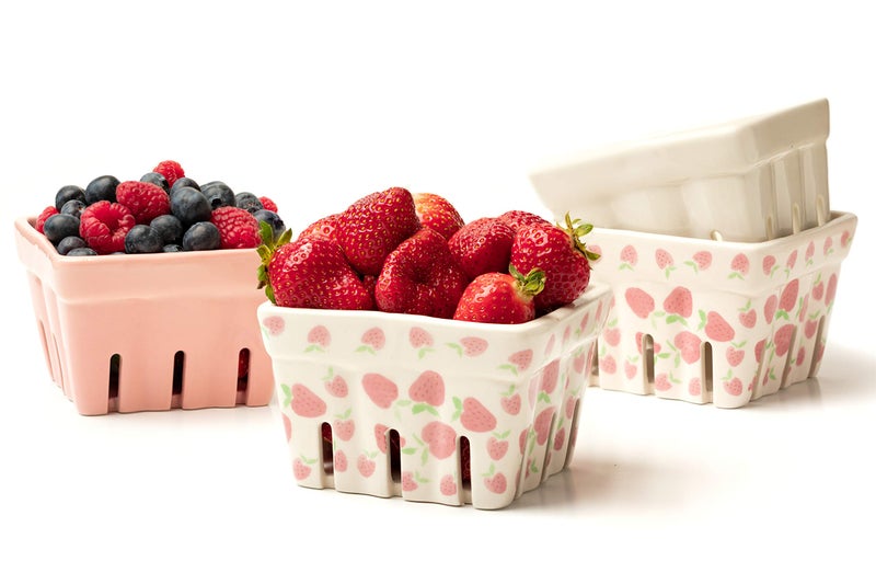 BIEN BEAU Ceramic Berry Basket, Farmhouse Colander, Strawberry Decor, Fruit Bowls, Fruit Baskets, Kawaii Strawberry Kitchen bowl, Pink White and Cute Strawberry pattern Stoneware Harvest Square Bowls Set of 4 - Image 2