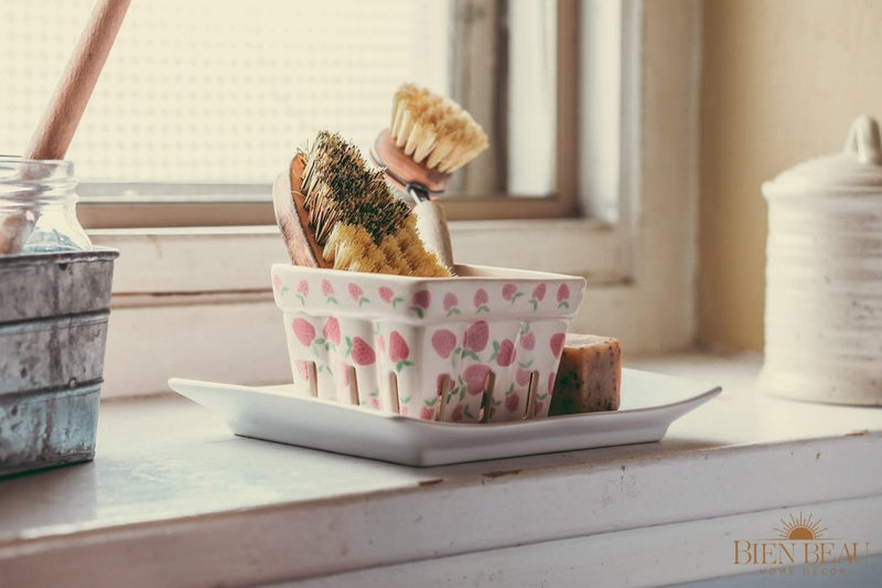 BIEN BEAU Ceramic Berry Basket, Farmhouse Colander, Strawberry Decor, Fruit Bowls, Fruit Baskets, Kawaii Strawberry Kitchen bowl, Pink White and Cute Strawberry pattern Stoneware Harvest Square Bowls Set of 4 - Image 4