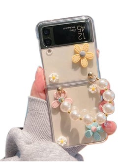 KASTWAVE Cute Case for Samsung Galaxy Z Flip 4 with Strap, Fashion Flower Case for Galaxy Z Flip 4 5G Protective Girls Case with Pearl Chain, Hard PC Case for Z Flip 4 Clear Case with Lanyard  - Image 1